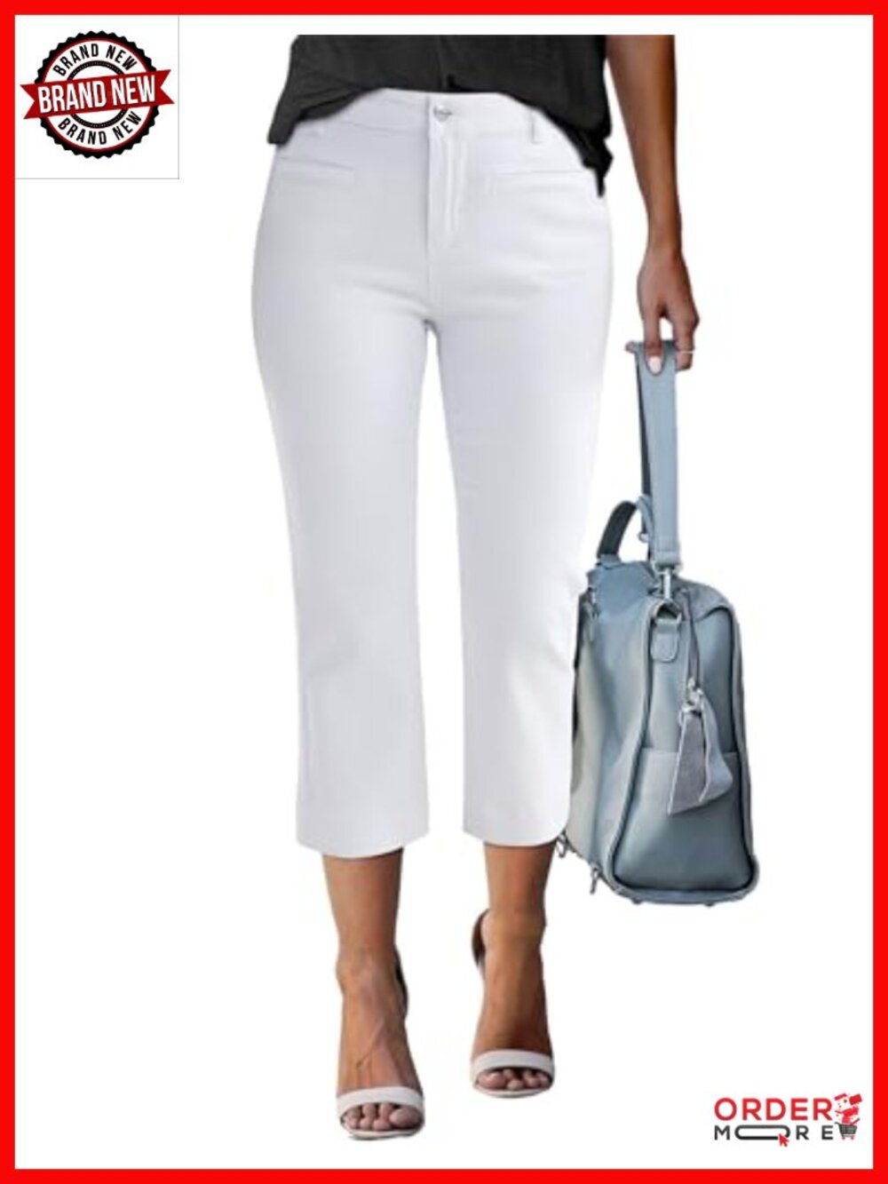 High Waisted Slim Straight Stretchy Denim Capri Jeans Welt Pockets Cropped